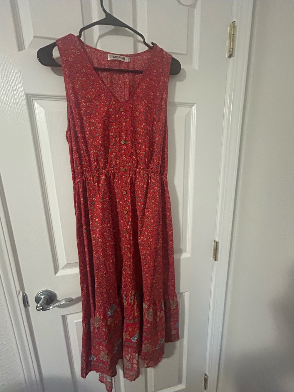 Temptations Red Floral Sleeveless Maxi Dress with Button Front